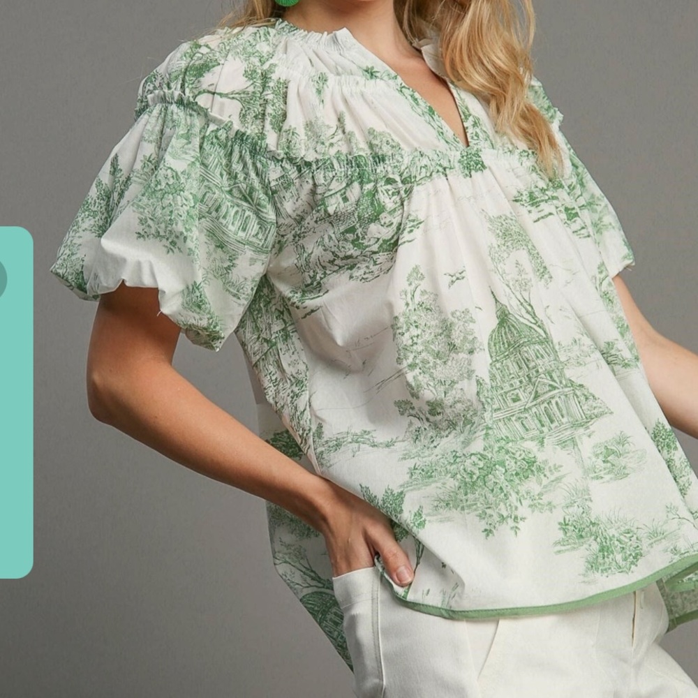 Umgee Toile Print Pullover Top with Puff Sleeves and Shirring Details - EUC - Picture 5 of 8